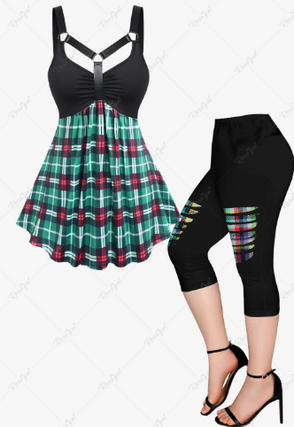 O Rings Harness Backless Plaid Tank Top and Capri Leggings